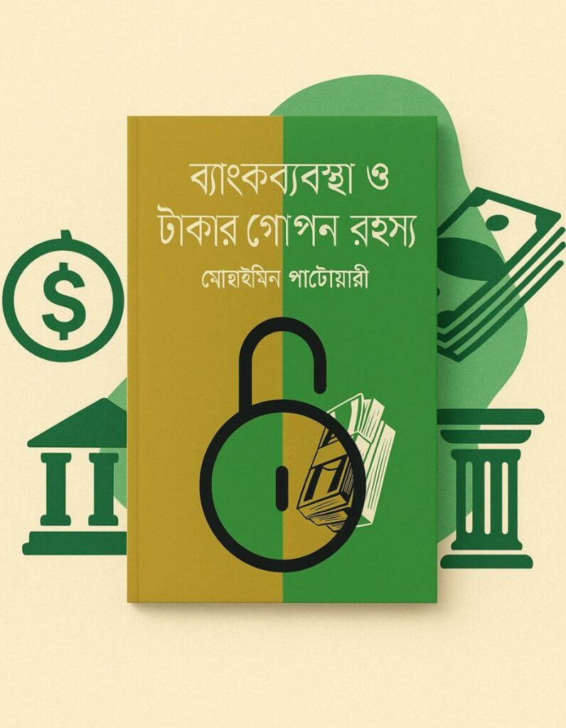 ব্যাংকব্যবস্থা ও টাকার গোপন রহস্য বইয়ের কভার, যেখানে অর্থনীতি ও ব্যাংকিং সিস্টেম, টাকার গোপন রহস্য এবং অর্থনৈতিক বৈষম্যের কারণ গল্পের আকারে তুলে ধরা হয়েছে।
